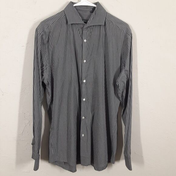 Hugo Boss Button Up Shirt 42 16.5 Slim Fit Stretch Black Gray Check Long Sleeve - Picture 1 of 9